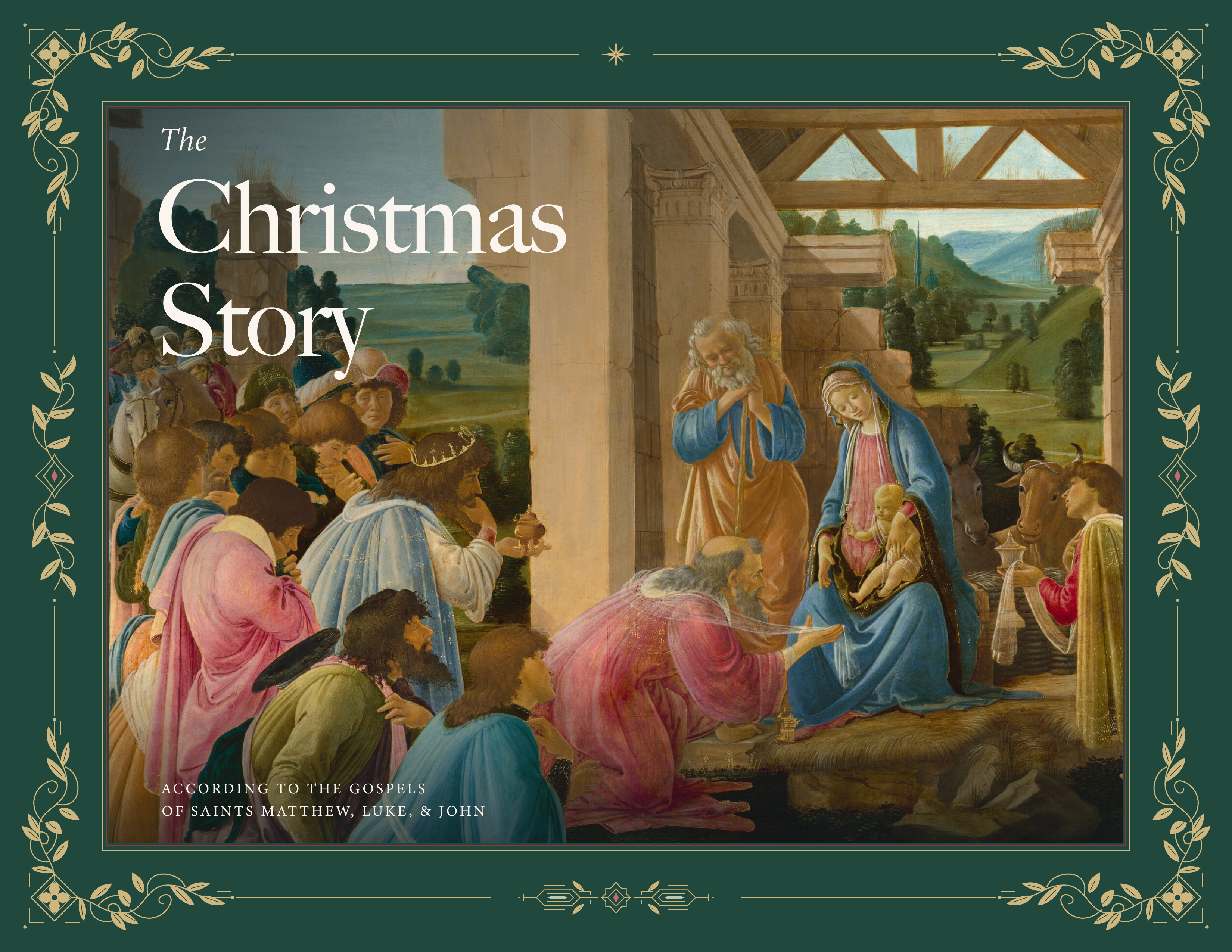 The Christmas Story book cover, with a painting of the Adoration of the Magi framed by green and gold ornament.
